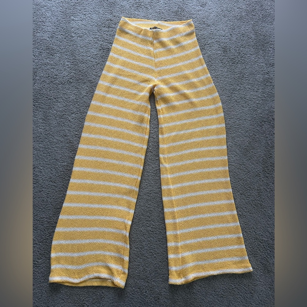 ZARA yellow striped wide leg high waisted rustic trousers size small‎